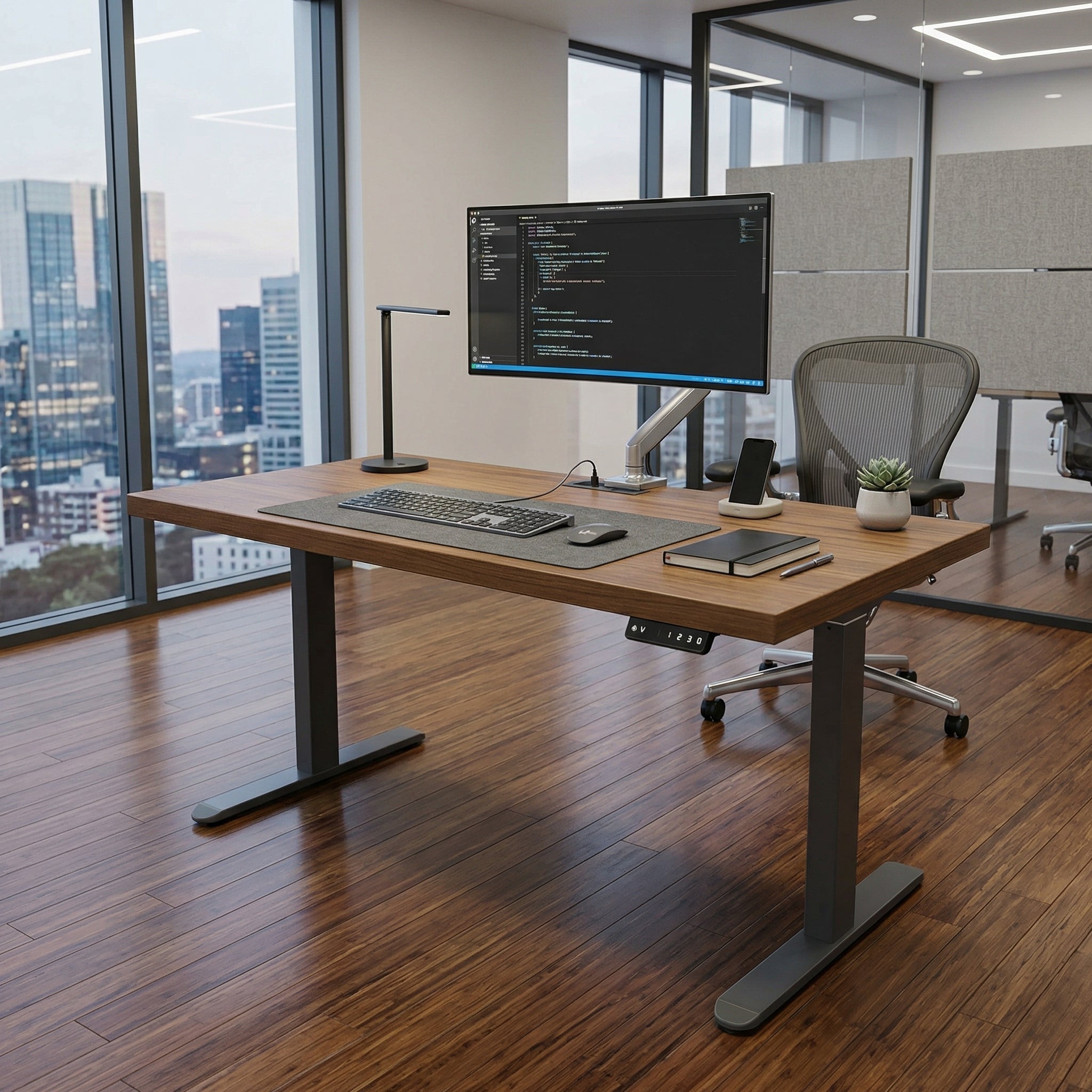 Äste Electric Standing Desk, 1.4M, Golden Walnut & Grey, with Charger