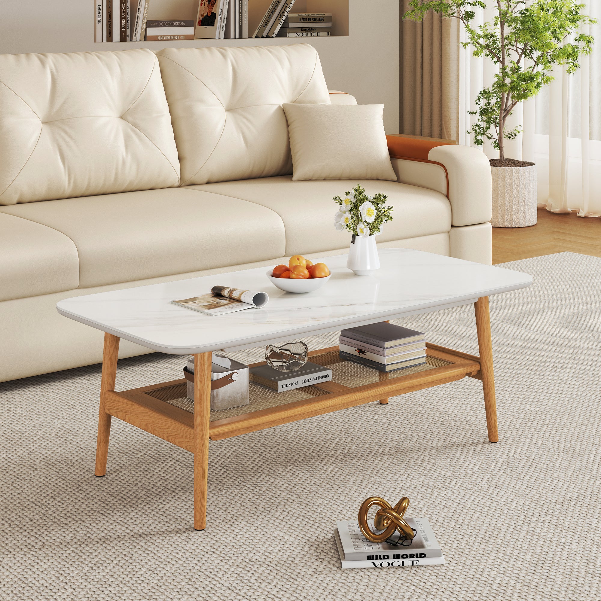 Remle Ceramic top Coffee Table, 1.2M, White & Wood